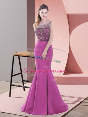 Scoop Sleeveless Satin Prom Dresses Beading Sweep Train Lace Up