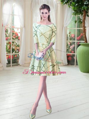 Yellow Green A-line Scoop Half Sleeves Knee Length Lace Up Ruching Prom Dress