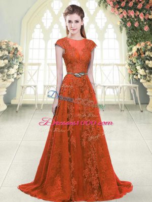 Glamorous Scoop Cap Sleeves Evening Dress Sweep Train Beading and Lace Orange Tulle