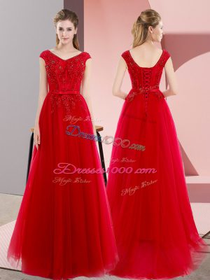 Cheap V-neck Short Sleeves Prom Evening Gown Floor Length Sweep Train Beading and Lace Red Tulle