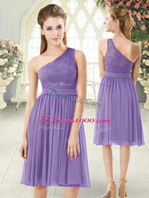Lavender Chiffon Side Zipper One Shoulder Sleeveless Knee Length Prom Dresses Lace
