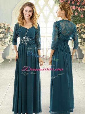Teal Zipper Sweetheart Beading and Ruching Dress for Prom Chiffon Short Sleeves Sweep Train