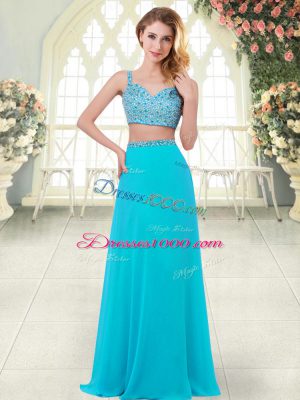 Aqua Blue Sleeveless Floor Length Beading Zipper Dress for Prom