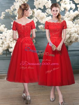 Elegant A-line Prom Party Dress Red Off The Shoulder Tulle Short Sleeves Tea Length Lace Up
