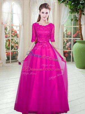 Floor Length Fuchsia Homecoming Dress Scoop Half Sleeves Lace Up