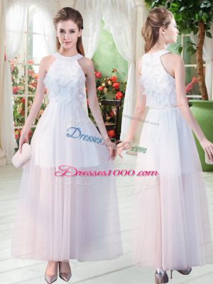 Excellent Sleeveless Tulle Ankle Length Zipper Evening Dress in White with Appliques