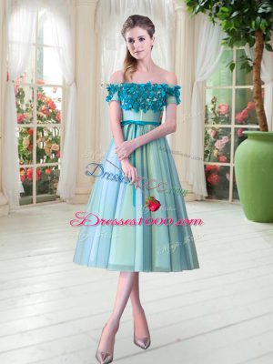 Traditional Tulle Sleeveless Tea Length Evening Dress and Appliques