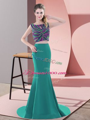 Luxury Sleeveless Beading Backless Prom Party Dress with Turquoise Sweep Train