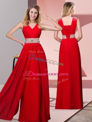 Classical Red Column/Sheath Beading Prom Evening Gown Lace Up Chiffon Sleeveless Floor Length