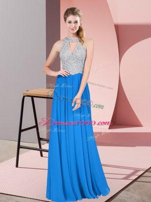 Designer Floor Length Blue Juniors Evening Dress Chiffon Sleeveless Beading