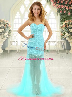 Sleeveless Tulle Brush Train Zipper Prom Gown in Aqua Blue with Beading