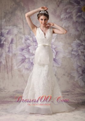 V-neck Sash Brush Tarin Outdoor Wedding Dress
