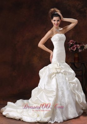 Champagne Mermaid Ruched Bodice Train Wedding Dress