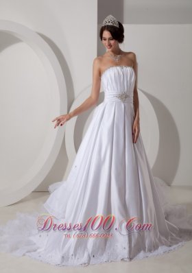 A-line Ruched Bodice Beading Sash Wedding Dress Taffeta