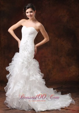 Mermaid Ruched Wedding Dress Beaded Ruffles Brush Train