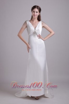 White Column V-neck Brush Train Taffeta beading Wedding dress