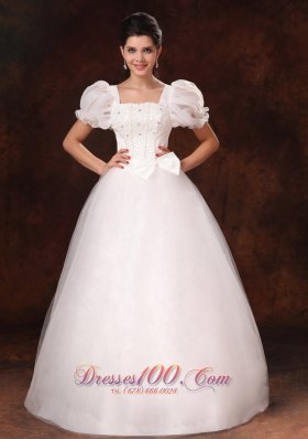 Bubble Sleeve Square Neck A-line Bowknot Wedding Gown