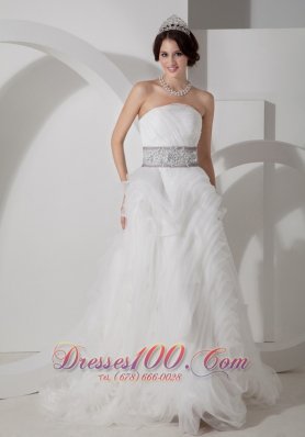 Strapless Beading Sash Rolling Flower Wedding Gown