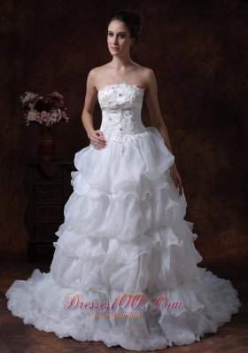 Tiered Skirt Beading Wedding Dress Brush Train