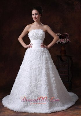 Wedding Gown with Rolling Flowers Strapless A-line Brush Train