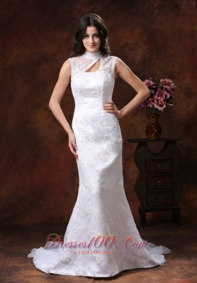 High Neck Lace Wedding Dress Mermaid with Train