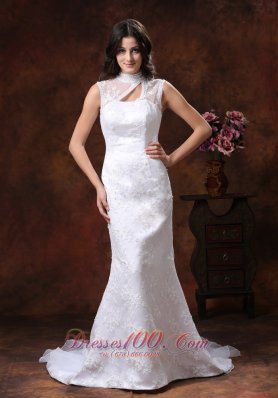 High Neck Lace Wedding Dress Mermaid with Train