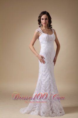 Square Brush Train Satin and Lace Cap Sleeves Wedding Dress