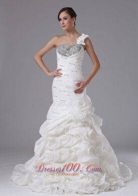 One Shouler Rolling Flower Mermaid Wedding Gown Ruched Beading