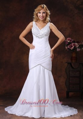 V-neck Mermaid Wedding Dress Ruched Beading