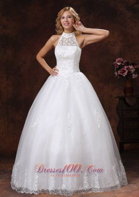 High Neck Lace Halter Wedding Bridal Gown Vintage Beaded