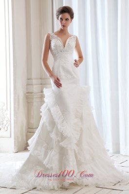 Empire V-neck Mermaid Bridal Dresses Ruffles Beading