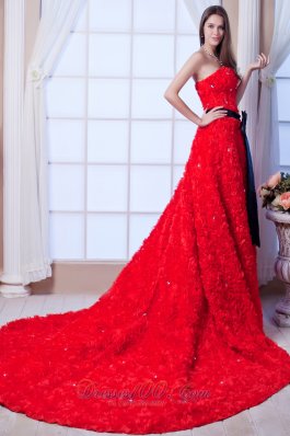 Gorgeous Red Special Rolling Flowers Wedding Dress Cathedral