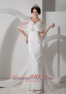 Unique Column V-neck Lace Bridal Dress