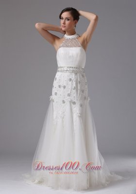 Halter Top Column Lace Beading Wedding Bridal Gown