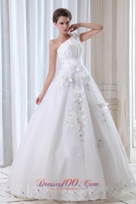 Best Seller Floral One Shoulder Tulle Appliques Wedding Dress