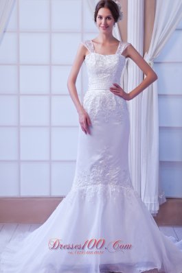 Straps Court Train Organza Appliques Bridal Dress