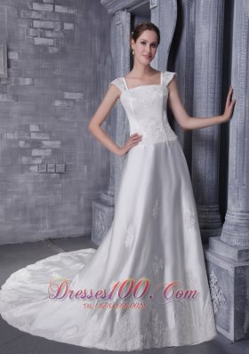 Square Neck Satin Beading and Appliques Bridal Dress