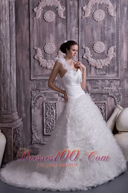 One Shoulder Court Train A-line Bridal Gown Tulle