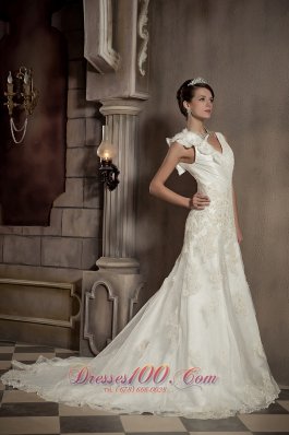 V-neck Princess Chapel Train Taffeta Appliques Wedding Gown