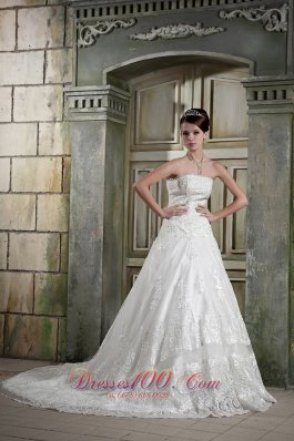 Customize Strapless Chapel Train Lace Bridal Gown A-line