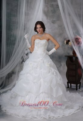 Organza Strapless Chapel Train Wedding Dress Handle Flowers