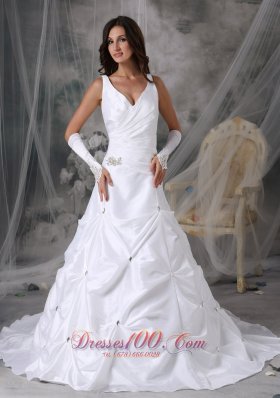 V-neck Taffeta Pick-ups Bridal Dress Court Train Beading