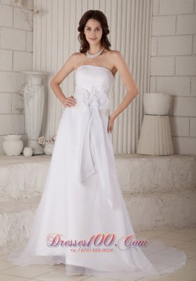 Strapless Court Train Organza Wedding Gown With Handle Flowers