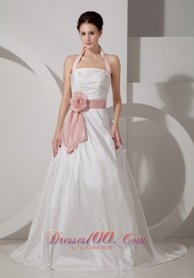 Halter Top Rucched Sash Wedding Dress With Court Train