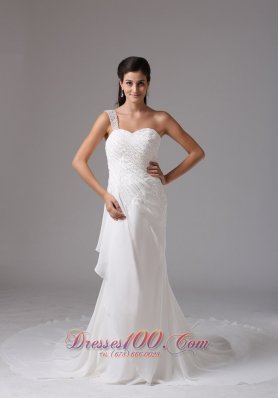 Appliques One Shoulder Chiffon Court Train Bridal Wedding Dress