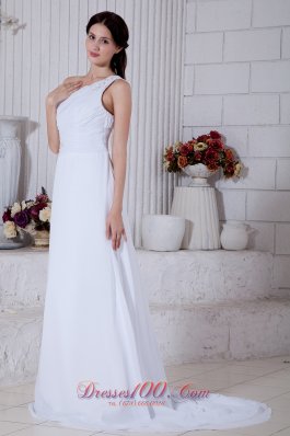 Chiffon One Shoulder Column Bridal Dress Brush Train Appliques