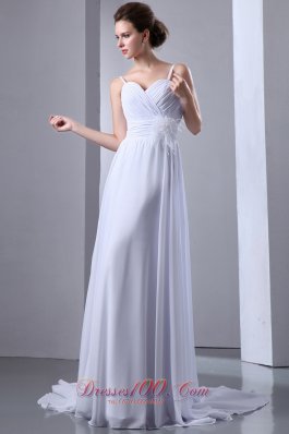 Ruched Chiffon Spaghetti Straps Wedding Gown Court Train