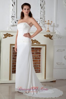 Strapless Chiffon Column Bridal Dress Appliques Court Train