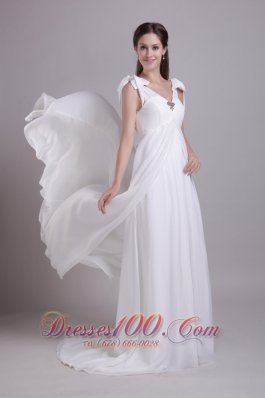 Chiffon Empire Bridal Wedding Gown Beading V-neck Brush Train