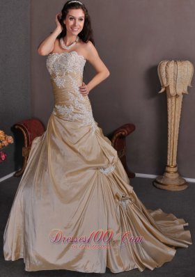 Strapless Champagne Wedding Gown Appliques Taffeta Chapel Train